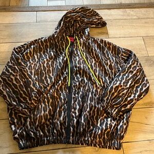 Leopard Print Hooded Windbreaker with Neon Drawstrings